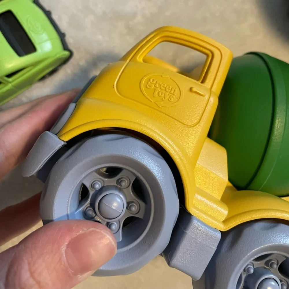 Bundle of Green Toys Firetruck, Car Loader, and Cement Truck